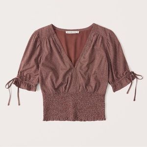 Tie-Sleeve Smocked Waist Top - Dark Brown Pattern - Abercrombie